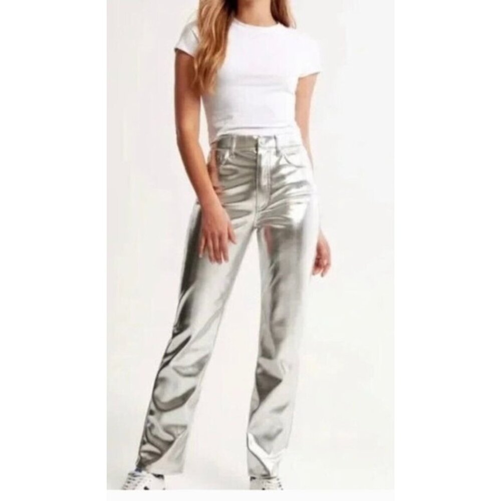 7 For All Mankind High Rise Vegan Leather Silver Metallic 5-pkt Pants NWT Large - Picture 4 of 13